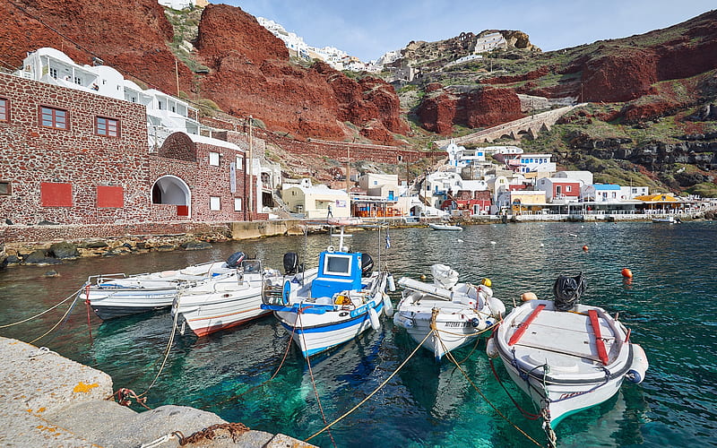 Amoudi Bay, Santorini, Oia island, boats, bay, romantic island, Greece, travel, Europe, HD wallpaper