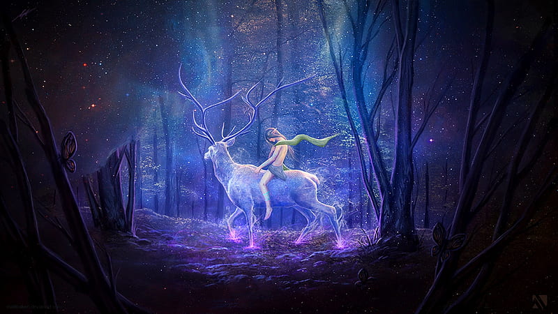 The White Deer, art, white deer, luminos, woods, horns, tree, fantasy, girl, matkraken, pink, blue, HD wallpaper