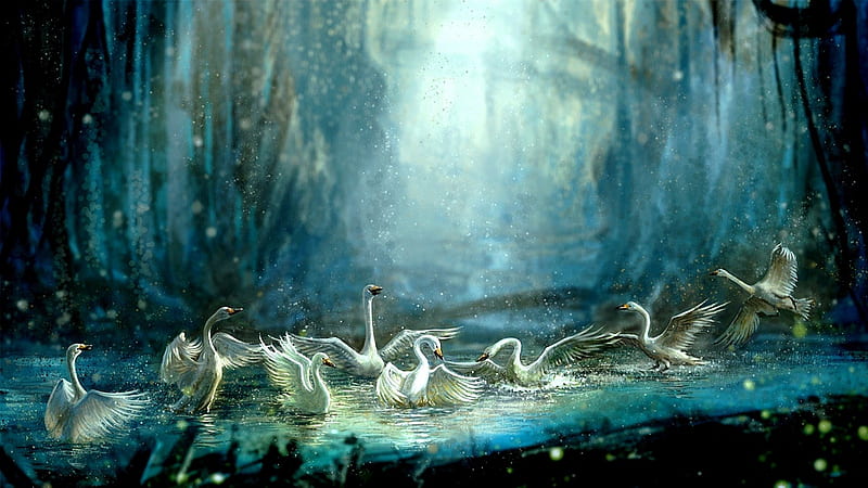 SUMMER BATH, art, the water, a pond, birds, splashing, swans, jiang zhi, timber, swimming, HD wallpaper