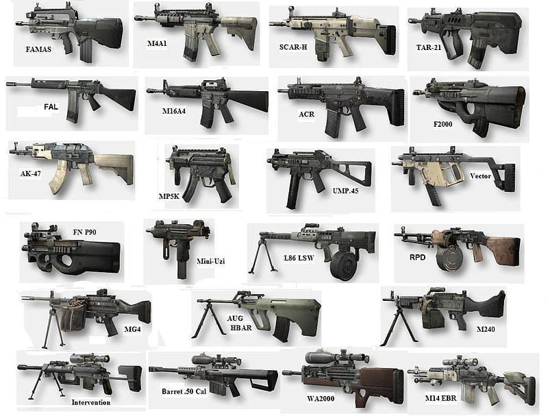 Call of Duty Modern Warfare 2 Primary Weapons, m240, nice, m16a4, assault rifles, ump45, l86 lsw, wa2000, mg4, rifles, modern warfare 2, barrett 50 cal, light machine gun, weapons, acr, cool, fal, p90, awesome, sniper, scar-h, riot shield, m21, ak-47, mini uzi, lmg, guns, aug hbar, mw2, sub-machine guns, m4a1, rpd, tar-21, intervention, f2000, famas, call of duty, sniper rifles, vector, mp, HD wallpaper