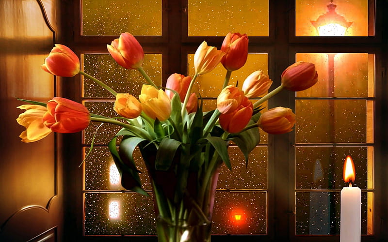 Tulips and Candle, candle, vase, tulips, lamppost, window, HD wallpaper