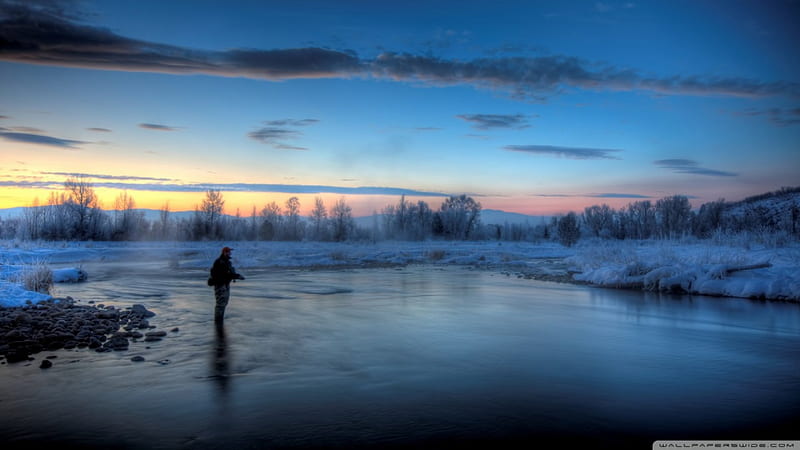 fishing in an icy dawn, river, dawn, frost, fishing, HD wallpaper