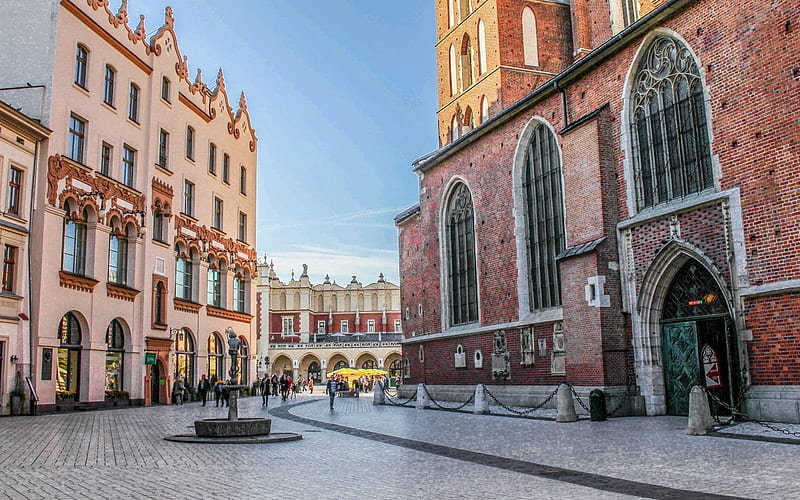 Krakow, Poland, Poland, Krakow, square, street, church, HD wallpaper