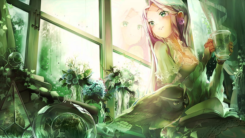 anime girl, owl, looking away, green eyes, cute, flowers, pink hair, Anime, HD wallpaper