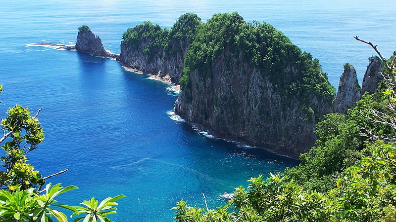 Coastline in American Samoa, American, Samoa, Coastline, Coast, Mountain, Ocean, HD wallpaper