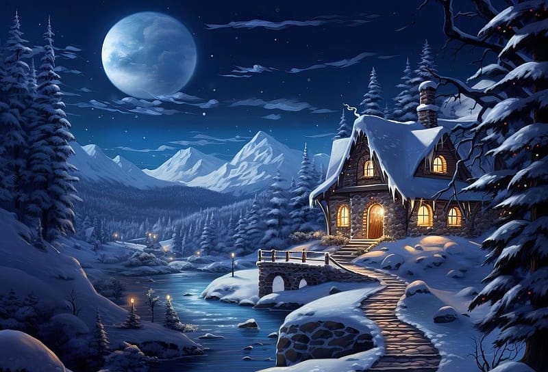 Night home among the winter mountains, fak, fenyok, otthon, hegyek, egbolt, hideg, esti fenyek, ejszaka, erdo, telihold, havas utak, tajkep, havas fak, evad, teli, felhos, termeszet, haz, ut, havas hegyek, HD wallpaper