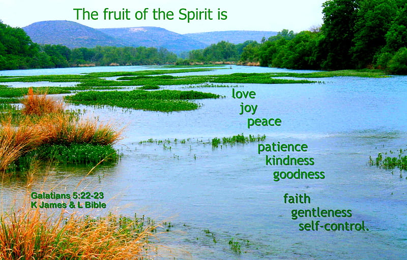 Fruit of Spirit, hills, Bible, water, river, inspirational, HD wallpaper