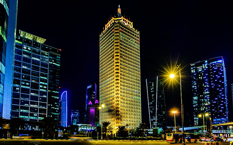 Dubai World Trade Centre, nightscape, hotels, Dubai, UAE, HD wallpaper