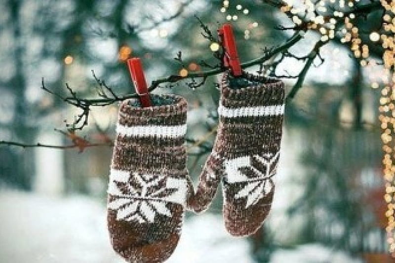 winter still life, gloves, snowflakes, knit, clothes pegs, winter, HD wallpaper