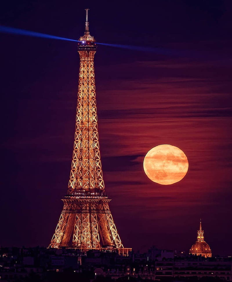 Eiffel tower moon, bonito, eiffle tower, exotic, france, moonlight, nature, paris, HD phone wallpaper