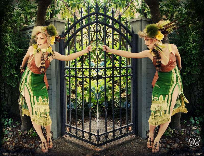 gate, fantasy, colourful, open, twins, door, HD wallpaper