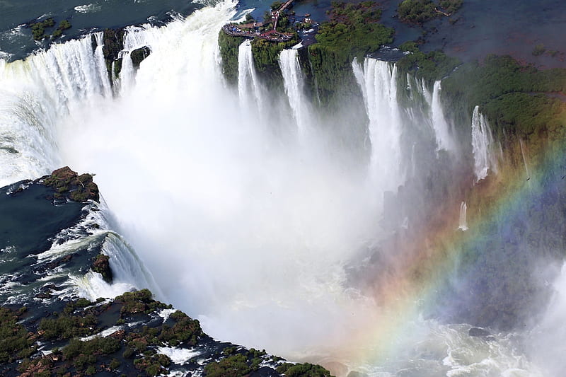 Iguazu Falls Argentina, Aerial view, 2 Oct 16, Iguazu Falls, Rainbow, Argentina, Average flow rate 1750 cubic metres per second, HD wallpaper