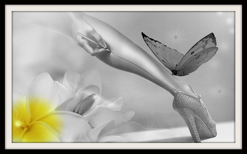 The final touch, leg, black and white, yellow, soft, abstract, woman, sexy, fantasy, butterfly, girl, flower, dream, HD wallpaper