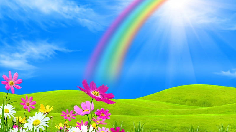 Over The Rainbow, pretty, rainbows, nature, fields, HD wallpaper