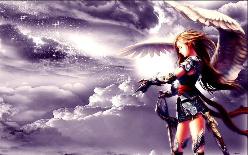Beautiful Angel Warrior, realistic angel, animated, shinny angel, white wings, in the sky, armor, hot, knight angel, beauty, sexy warrior, anime girl, anime warrior, long hair, sword, guardians, HD wallpaper