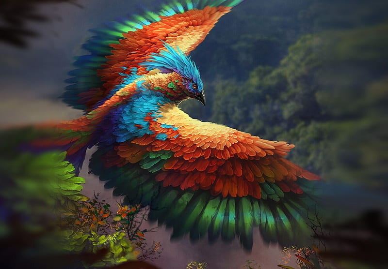 Fantasy bird, wings, fantasy, luminos, bird, pasari, blue, colorful, game art studio, orange, green, HD wallpaper