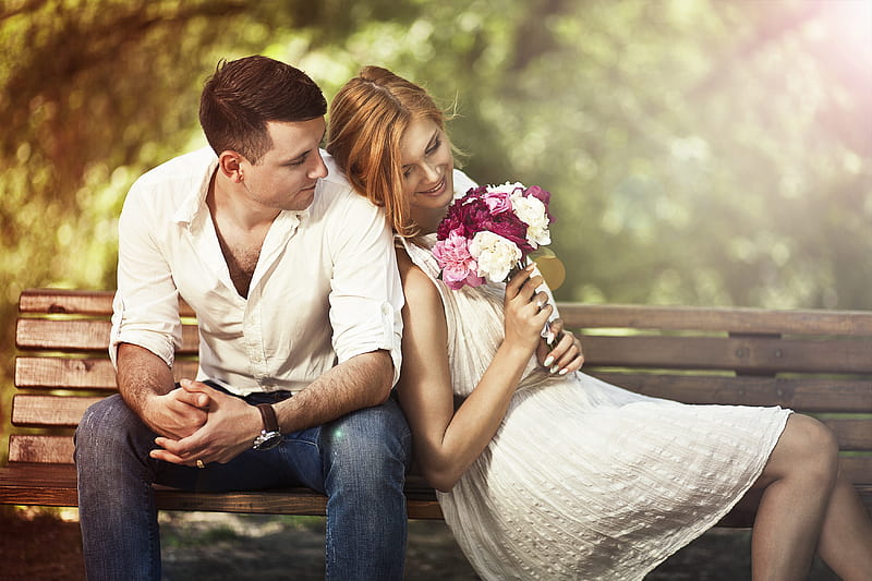 Couple Sitting On Bench With Flowers, love, couple, bench, HD wallpaper