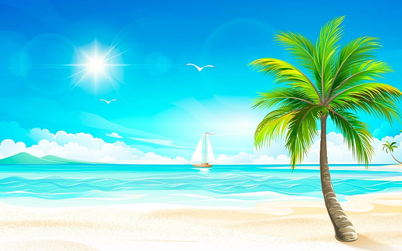 Happy summer!, sun, palm, sea, beach, tree, boat, water, green, summer, blue, vector, HD wallpaper