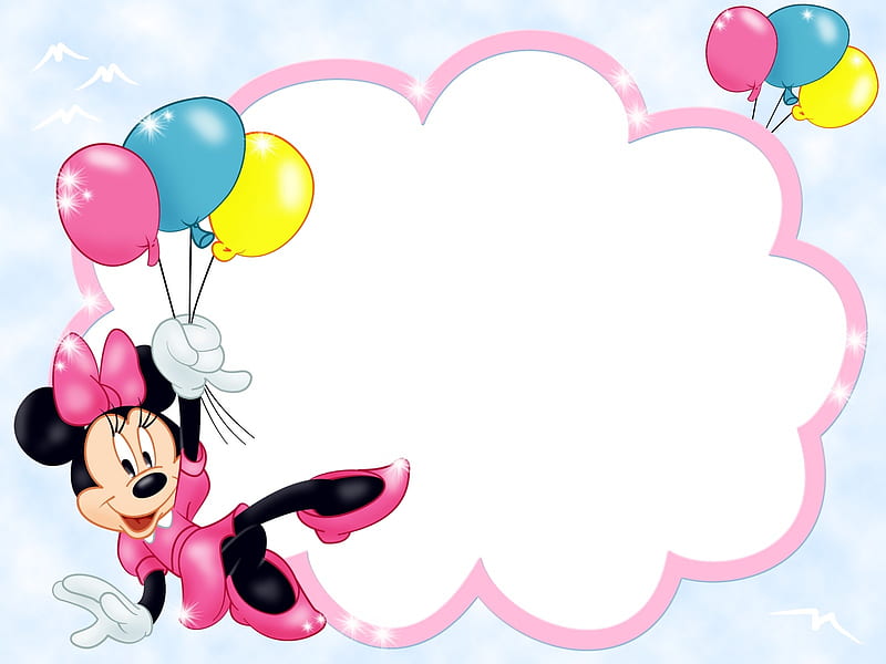 Happy Birtay!, balloon, white, birtay, pink, minnie, blue, disney, card, HD wallpaper