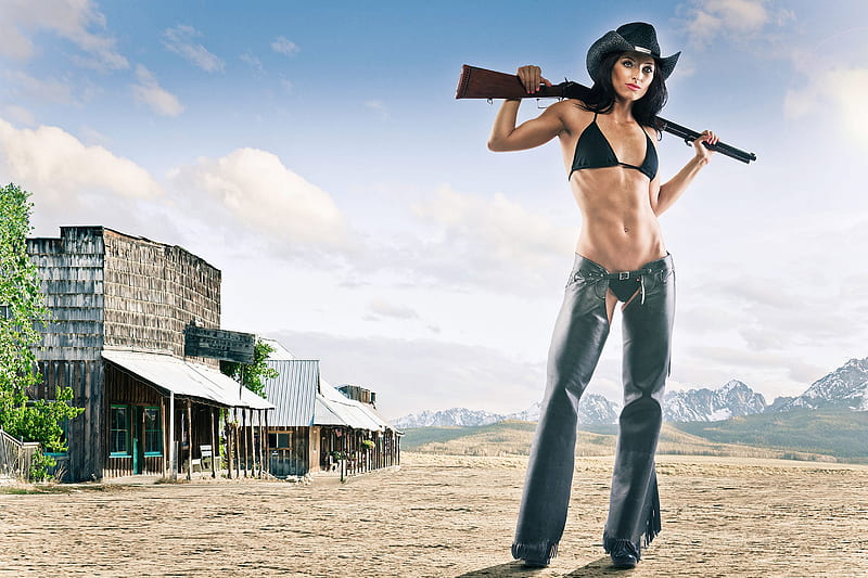 Protecting The Town. ., hats, boots, cowgirl, chaps, town, digital art, women, rifle, brunettes, NRA, western, HD wallpaper