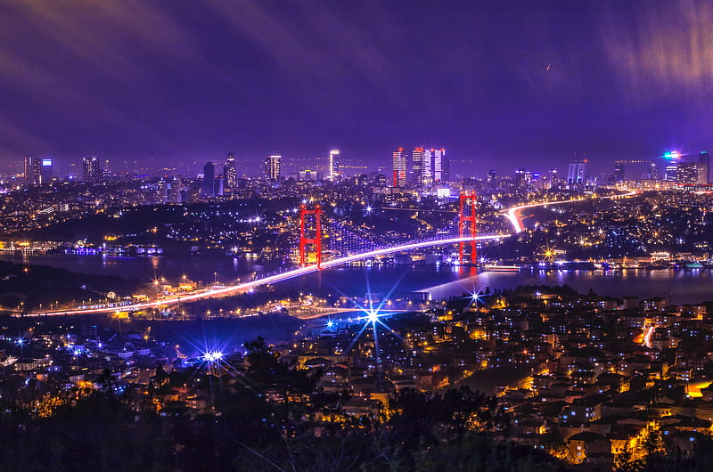night city, city lights, bridge, aerial view, turkey, HD wallpaper