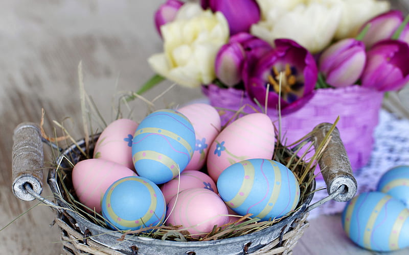 Easter eggs, decoration, spring, Happy Easter, tulips, HD wallpaper