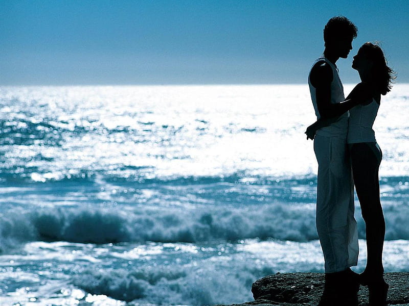 Lovers, romantic, man, waves, woman, sea, she, people, love, he, HD wallpaper