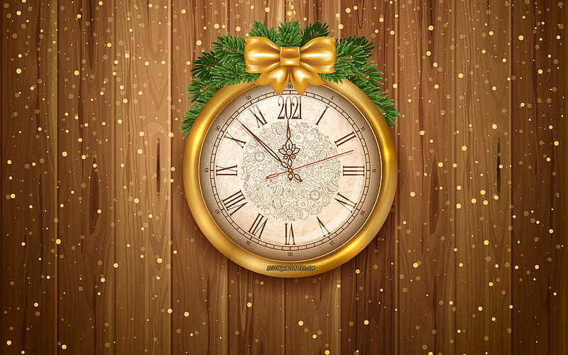 Midnight, Christmas, New Year, midnight on the clock, 2021 New Year, 2021 Clock Background, Happy New Year 2021, 2021 concepts, wood background, HD wallpaper