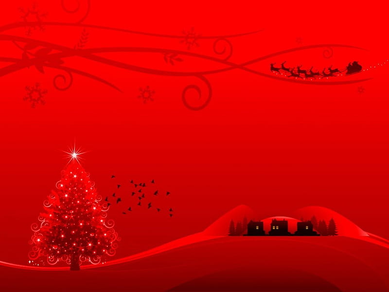 Ruby Christmas, Christmas, red, tree, village, Santa, HD wallpaper
