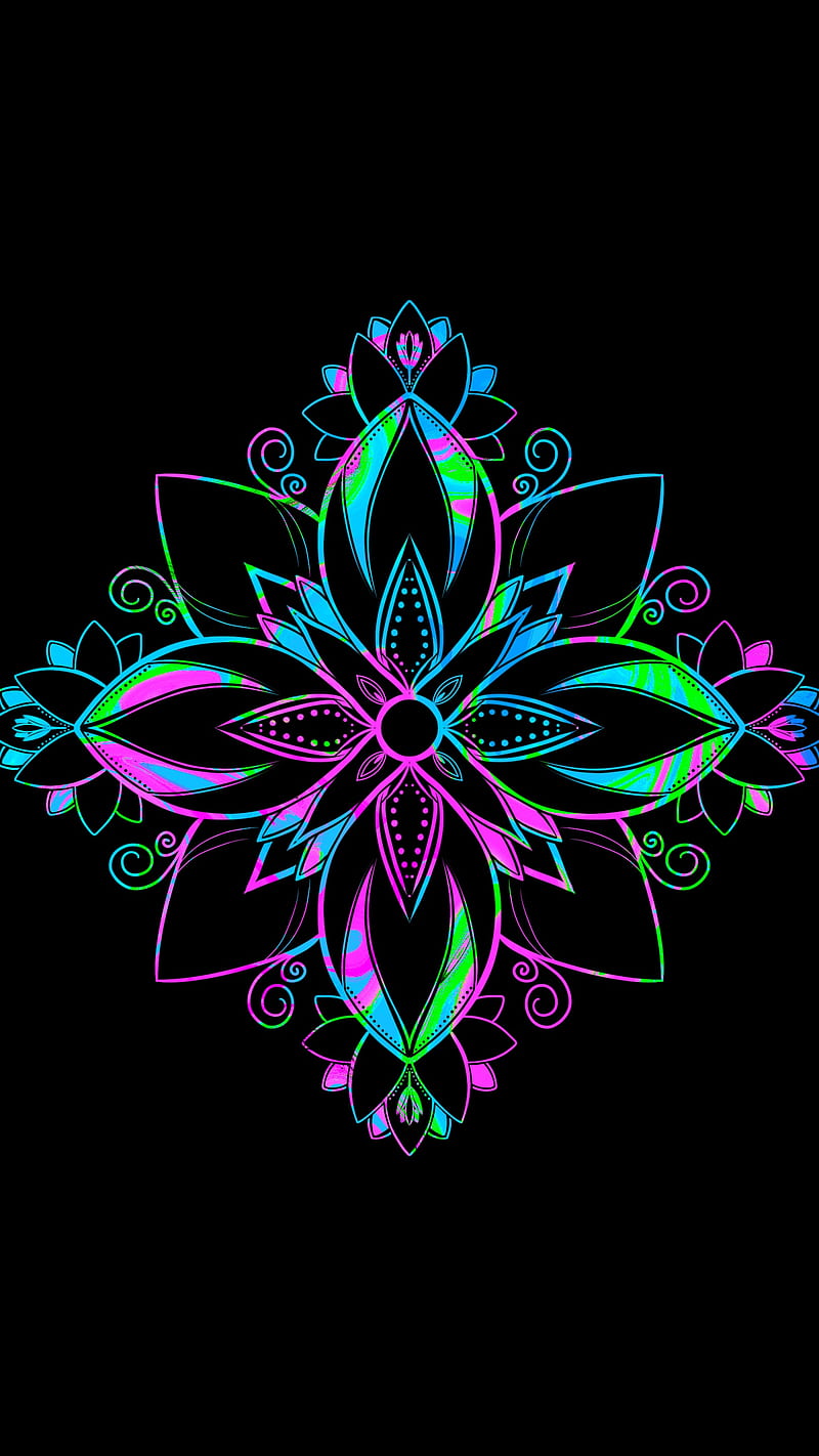 Liquid mandala, Love, background, black, blue, flower, green, leaf, ornament, petals, pink, HD phone wallpaper