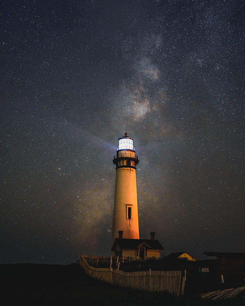 lighthouse, building, night, starry sky, dark, HD phone wallpaper