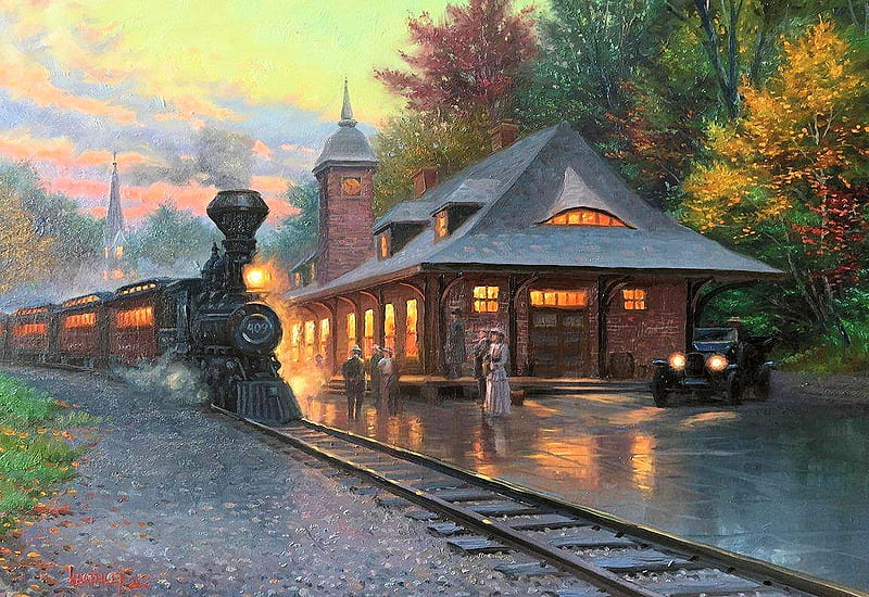 Arriving Train, car, painting, station, railways, steam, artwork, vintage, HD wallpaper