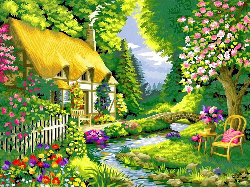 Spring in countryside, pretty, house, cottage, vase, bonito, countryside, bridge, painting, flowers, river, morning, art, rest, quiet, calmness, lovely, greenery, spring, creek, freshness, serenity, bouquet, blossoms, garden, flowering, blooming, HD wallpaper