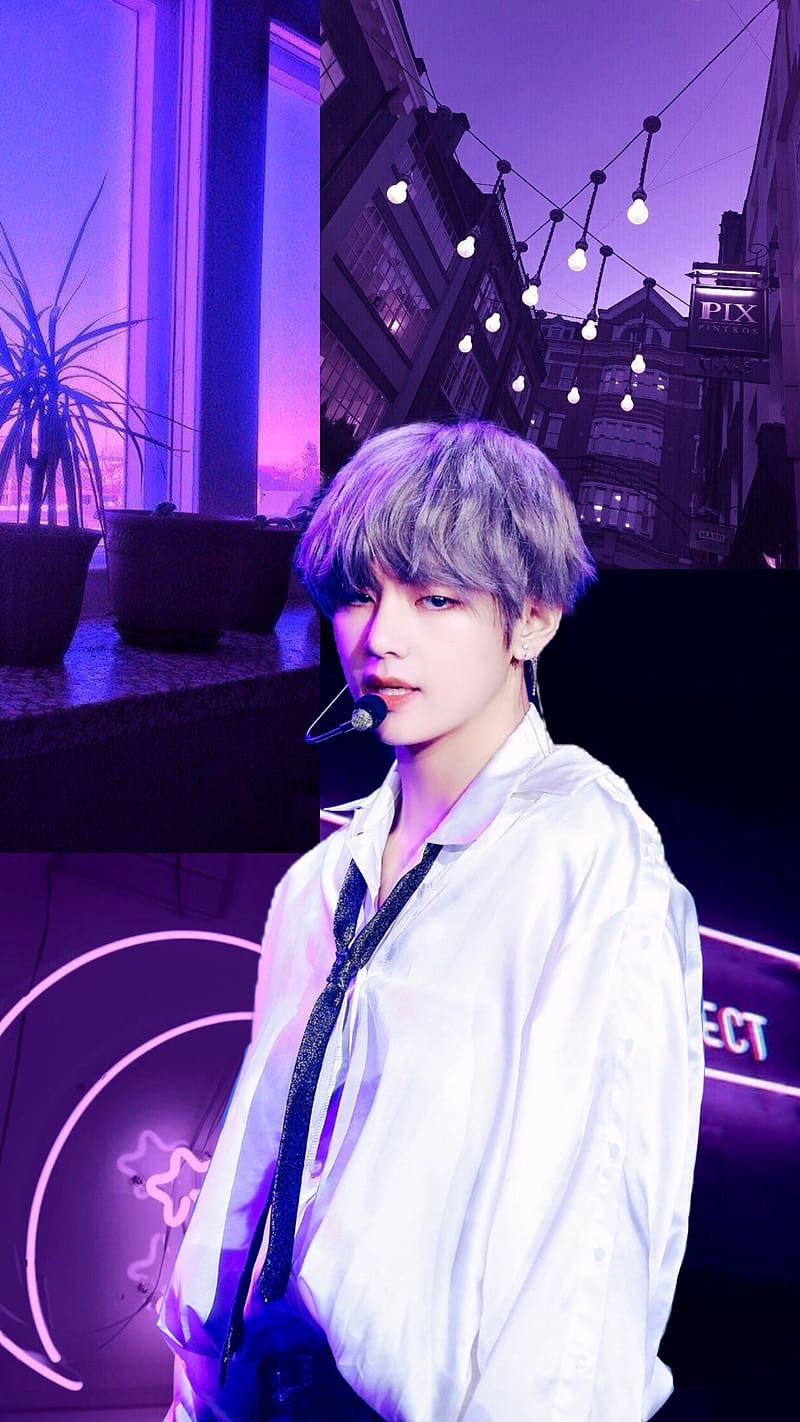 Bts Purple Aesthetic Taehyung Hairstyle, bts purple aesthetic, taehyung, hairstyle, lights, white shirt, HD phone wallpaper