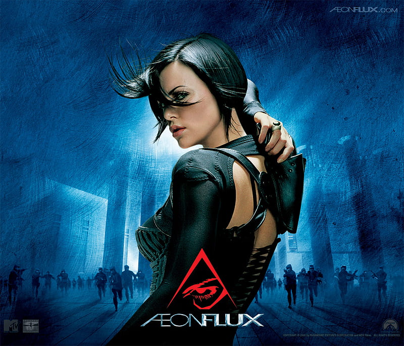 Aeon Flux, guns, red, amazing, city, charleze theron, movies, blue, HD wallpaper