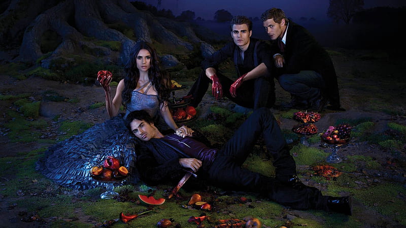Elena Gilbert Stefan Salvatore With Blood Hand Damon Salvatore With Knife The Vampire Diaries, HD wallpaper