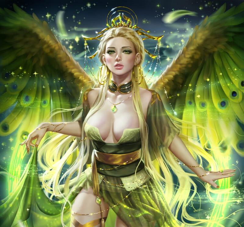 Angel, luminos, green, superb, yanai draws, gorgeous, wings, frumusete, fantasy, girl, HD wallpaper