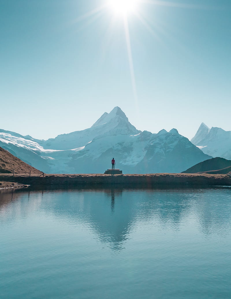 mountains, lake, man, silhouette, alone, HD phone wallpaper