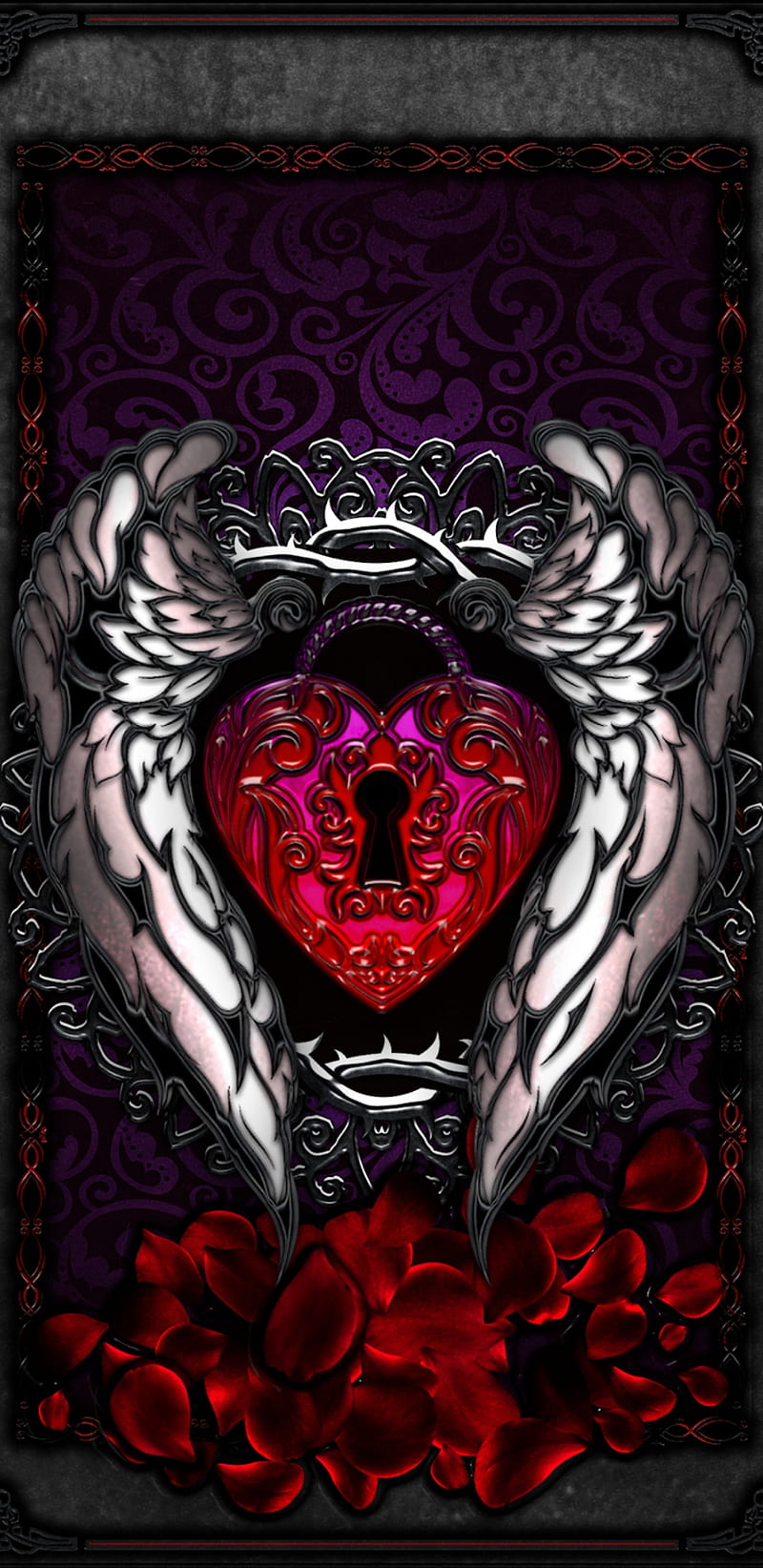 FallenValentineAngel, angel, valentine, love, wings, bonito, pretty, girly, lock, rose, red, HD phone wallpaper