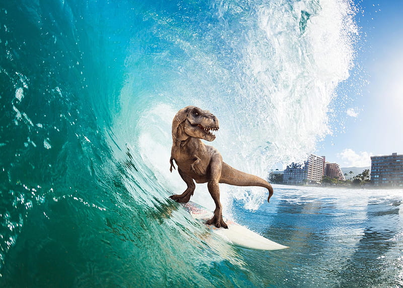 Surfing T Rex, artist, artwork, HD wallpaper