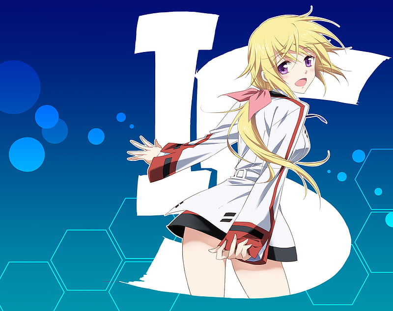 Charlotte Dunois, pretty, yellow, nice, anime, bubbles, beauty, anime girl, purlpe eyes, school uniform, charlotte, black, blonde, happy, cute, school, cool, purple, pig tail, awesome, hive, white, red, infinite stratos, comb, dunois, bow, bonito, thighhighs, pink, blue, tail, blonde hair, smile, is, girl, uniform, HD wallpaper
