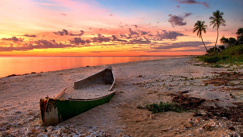 sunset on a broken canoe on a beach, beach, canoe, sunset, trees, clouds, HD wallpaper