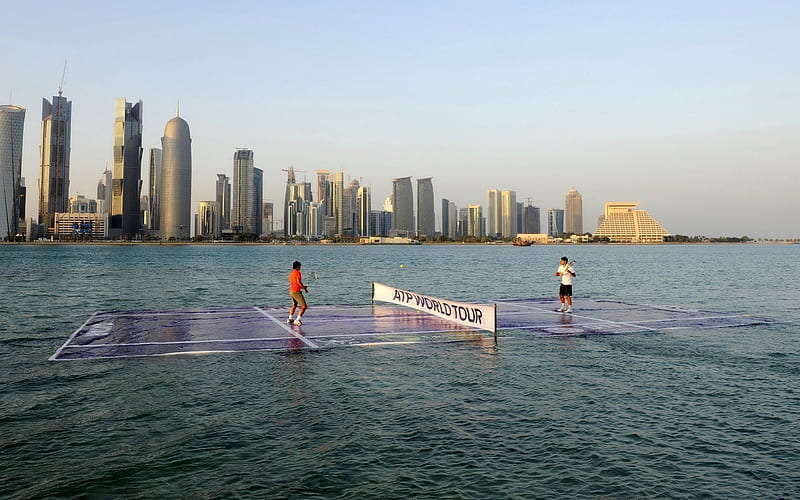 Tennis On The Sea, qatar, Rafael Nadal, tennis, sea, Roger Federer, HD wallpaper