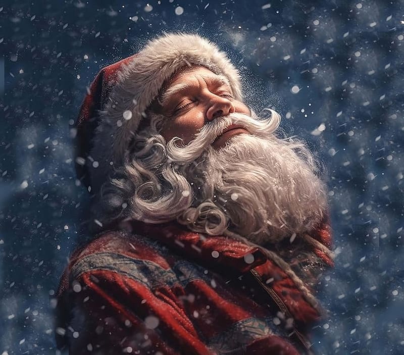 Santa Clause, beard, snow flakes, hat, colorful, coat, winter, white, vibrant, Christmas, vivid, red, bright, bold, HD wallpaper