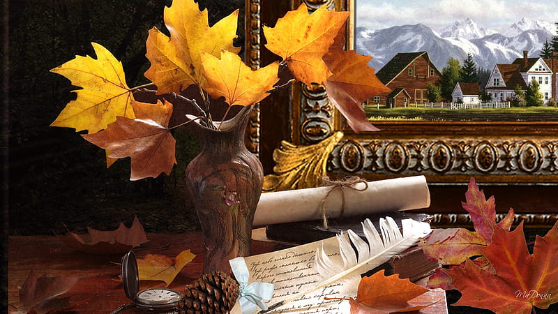 Autumn in a Bottle, fall, autumn, pocket watch, ribbon, vase, pine cone farm, leaves, feather, mountains, HD wallpaper
