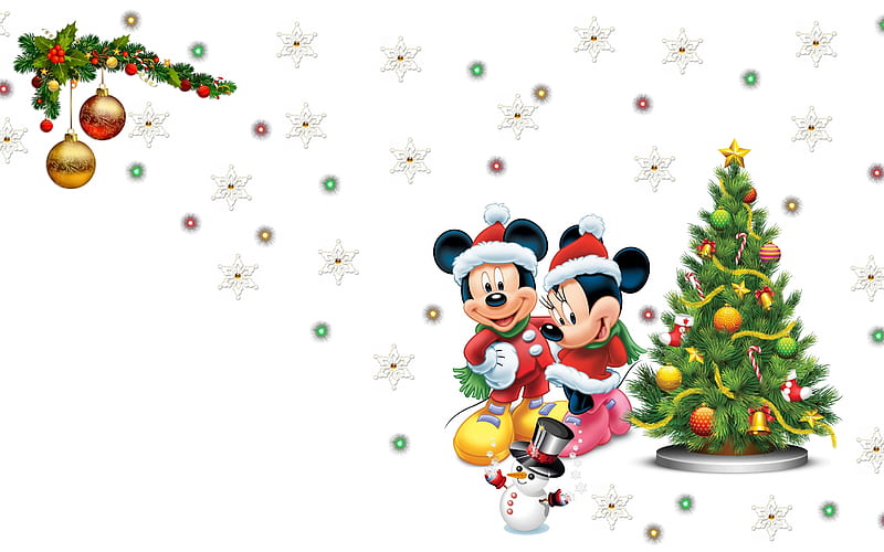 Merry Christmas!, craciun, christmas, mickey mouse, cute, tree, green, minnie, white, couple, disney, HD wallpaper