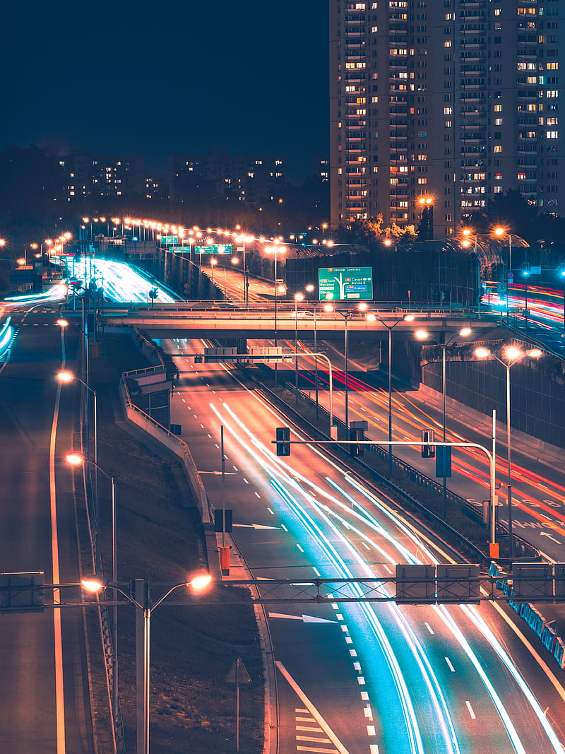 night city, road, aerial view, lights, HD phone wallpaper