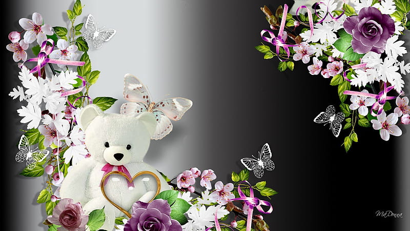 Butterflies Blossom and Bear, flowers, shine, ribbons, sparkle, leaves, butterfly, papillon, flowers, blooms, romantic, bob, butterflies, cute, purple, bouquet, blossoms, teddy bear, HD wallpaper