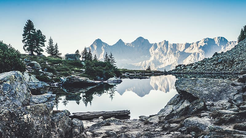lake, reflection, mountains, stones, nature, HD wallpaper