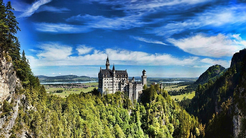 Neuschwanstein Castle,Fussen-Germany, mountain, germany, nature, trees, clouds, castle, sky, HD wallpaper